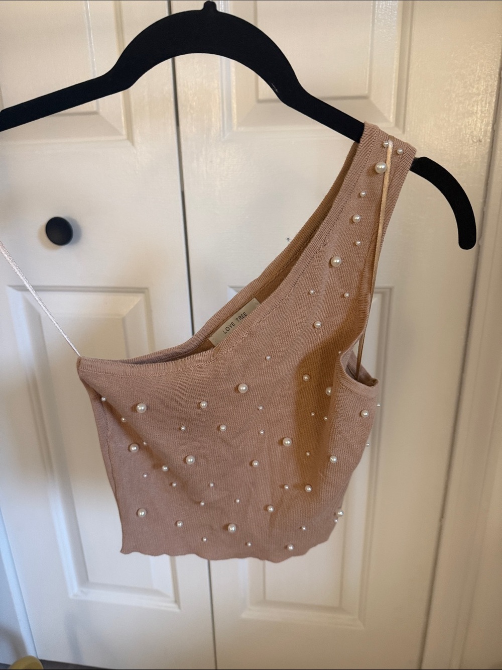 Love Tree Asymmetrical Pearl-Studded Crop Top in Blush Pink